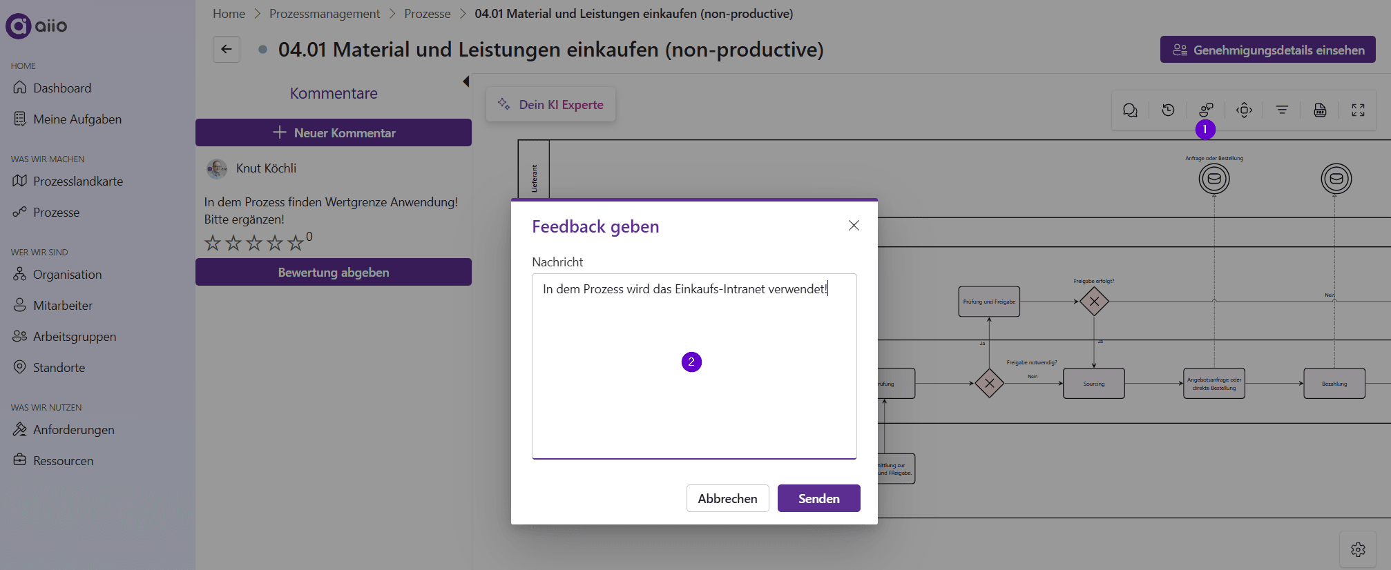 Prozess kommentieren und Feedback geben | aiio Documentation